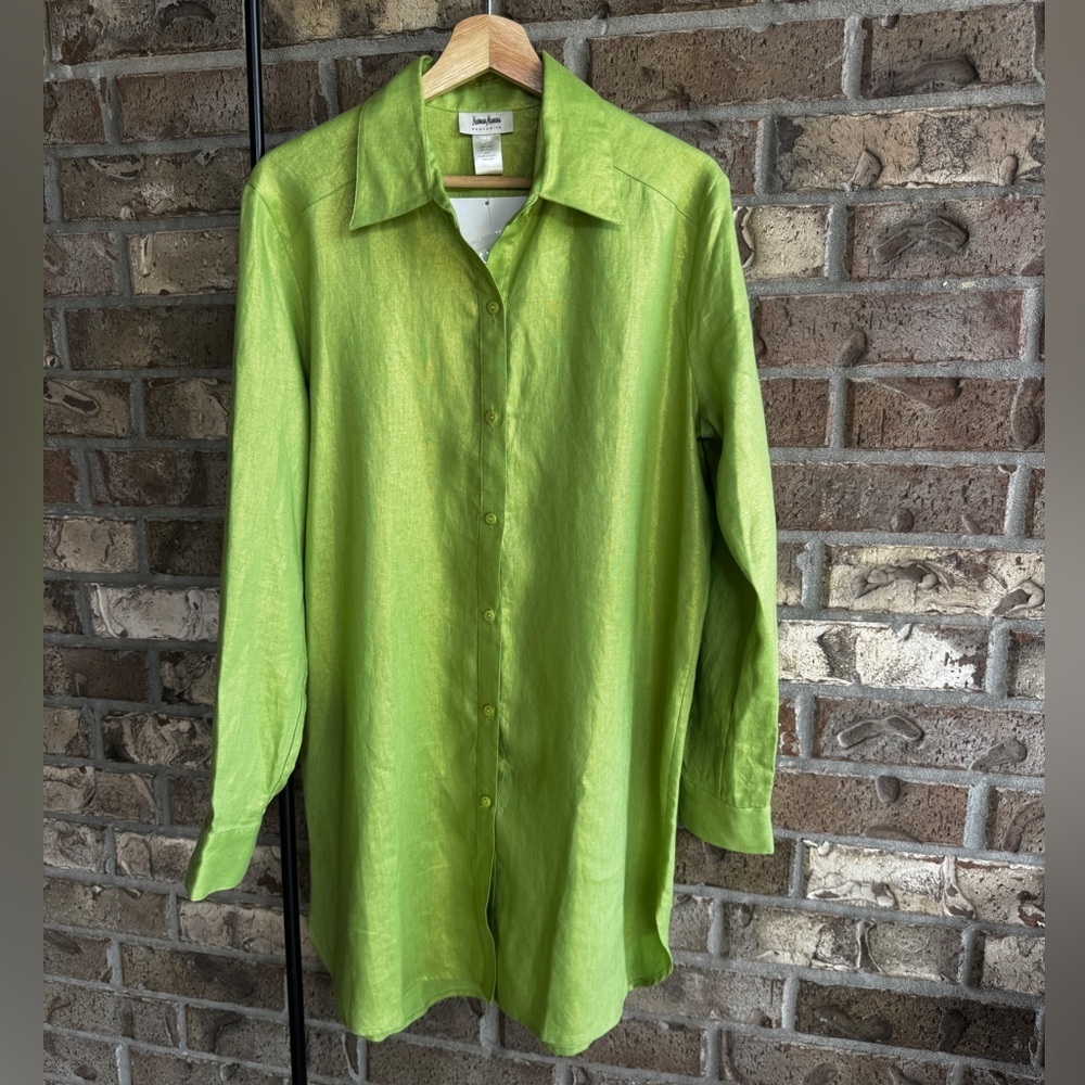 Neiman Marcus Exclusive Size L 100% Linen Green Shimmer Tunic Shirt NWOT - Picture 9 of 13